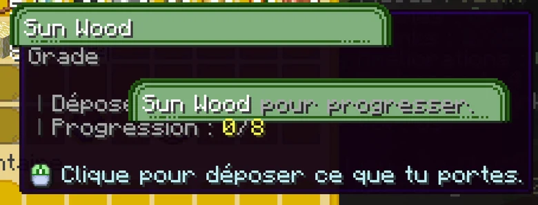 Infobulle du menu /rankup en jeu : déposer du Sun Wood pour progresser, progression 0/8